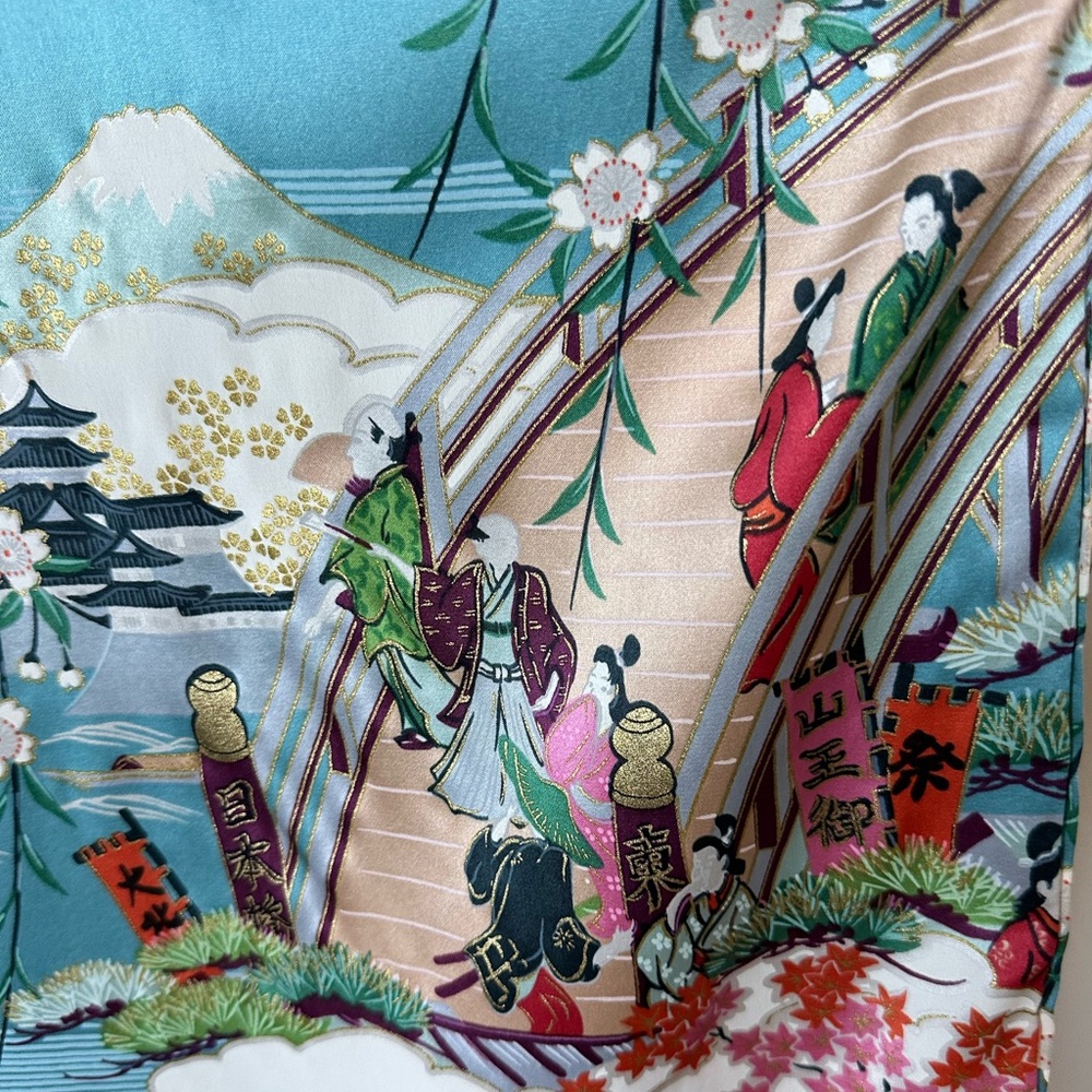 100% Silk Geisha Kimono/Robe Long Blue ,Boat And Floral Motifs-Made in Japen !đ - Picture 8 of 14